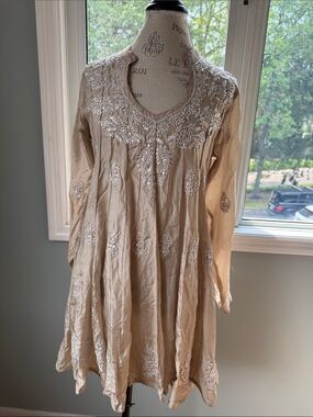 Juliet Dunn bone silk long sleeved flare skirt dress embroidered embellished XS